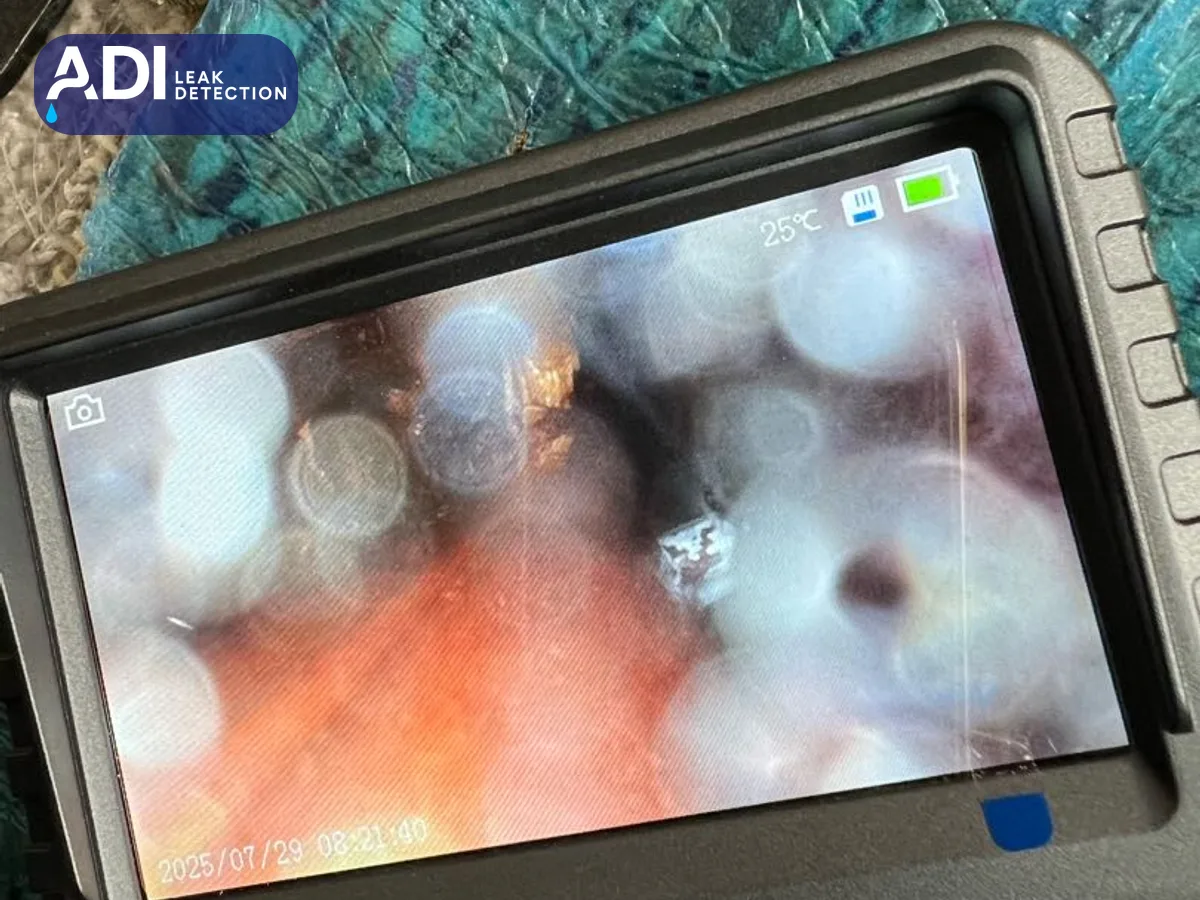 An endoscope camera screen dated 29 July 2025, looking along the pipework under the floor