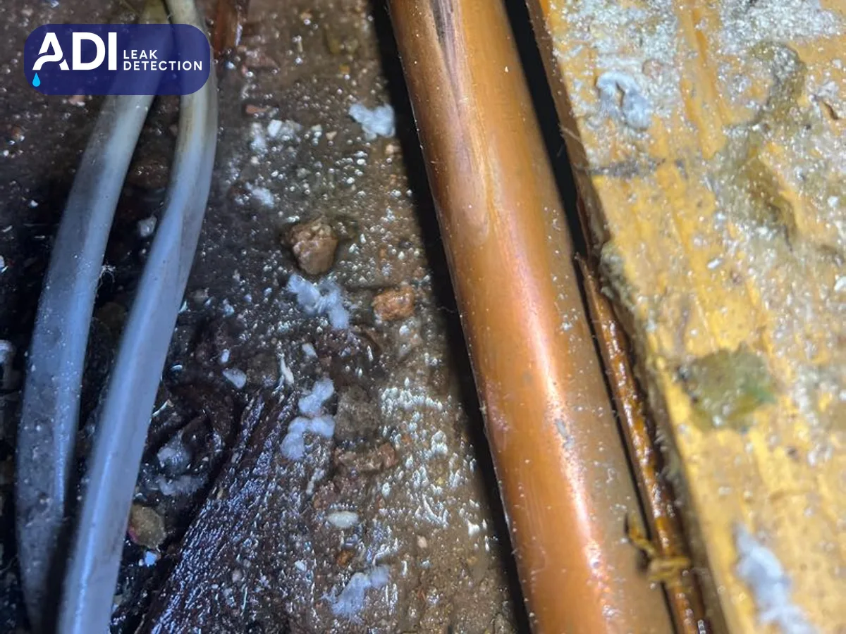 Copper pipework and cables in the floor void